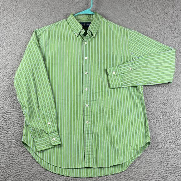 VTG Polo Ralph Lauren Classic Fit Button Down Shirt Men's Large Green Striped - Picture 1 of 8